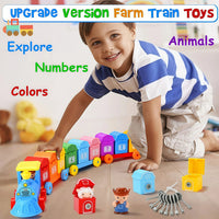 Toddler Learning Toys Farm Animals Train Set with Finger Puppets, Color Matching Toy Unlock Barns Fine Motor Game Counting Toys Good Vibrations