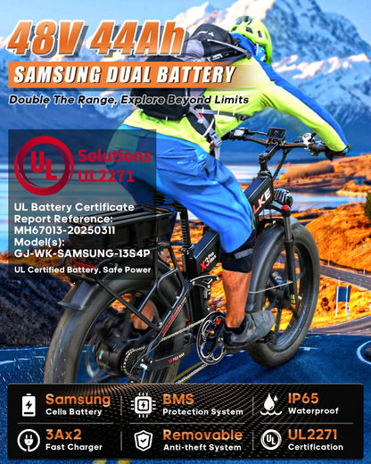 W Wallke X3 Electric Bike 2800W Peak Dual Motor 44Ah/22Ah Long Range E-Bike 26" X 4" Fat Tire 31MPH Fast Adult Ebike UL2849 Good Vibrations