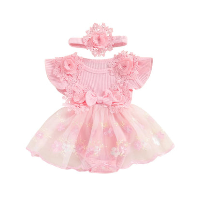 3D Flower Summer Baby Girls Romper Princess Mesh Newborn Clothes Lace Patchwork Ruffle Bodysuit Dress Headband Kids Clothing Good Vibrations