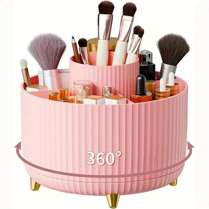 360° Rotating Makeup Organizer Makeup Holder Cosmetic Storage with 5 Compartments Multi-Functional Holder for Brushes Pen Good Vibrations