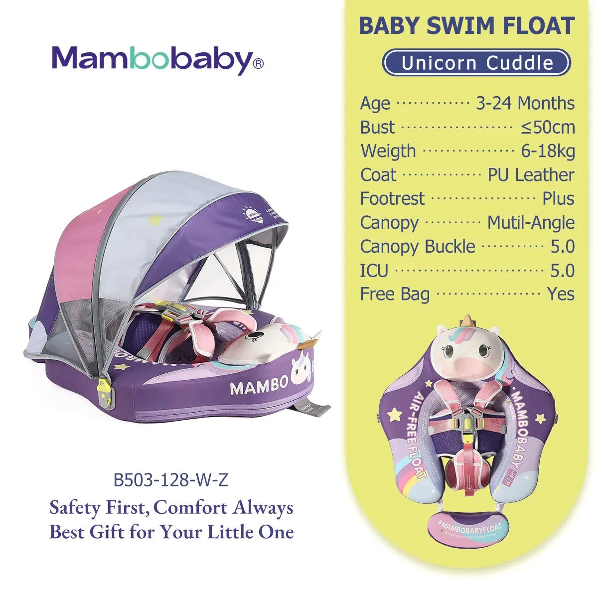 Mambobaby Float Safe Solid Core ST-Unicorn B503-143-W-Z Comfort Always: Skin-friendly Coat Baby Swimming Ring Toddler Pool Float Good Vibrations