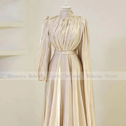 Modest Evening Dresses for Women 2025 High Collar Puffy Long Sleeves Evening Gowns Long Pleated A Line Saudi Arabian Formal Gown Good Vibrations