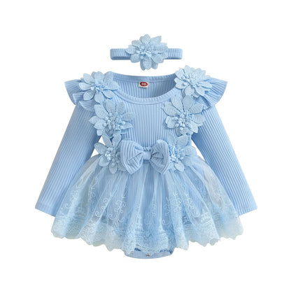 3D Flower Summer Baby Girls Romper Princess Mesh Newborn Clothes Lace Patchwork Ruffle Bodysuit Dress Headband Kids Clothing Good Vibrations