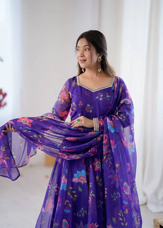 Floral Print Georgette Silk Gown with Lace Touch Wedding Dresses Collection Including Dupatta Good Vibrations