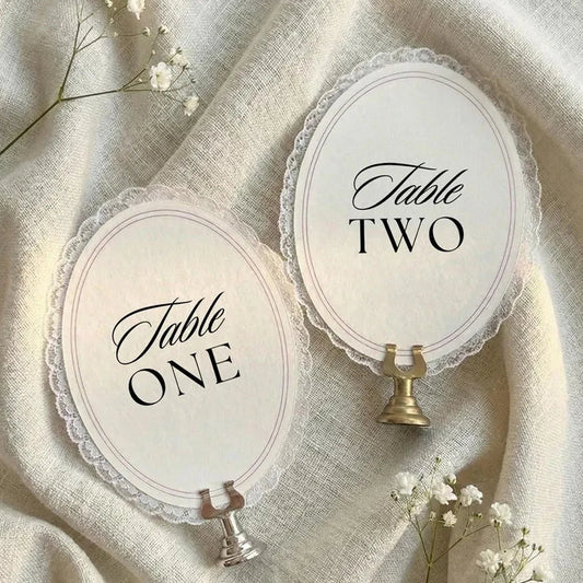 Personalized Lace Trim Table Numbers,Elegant Oval Lace Trim Table Numbers,Romantic Wedding Decor, Ivory Oval Signs Good Vibrations