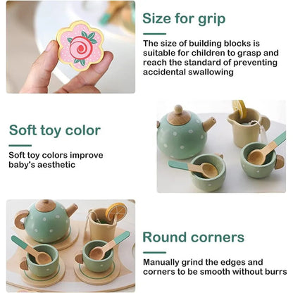 Wooden Afternoon Tea Set Toy Pretend Play Food Learning Role Play Game Early Educational Toys for Toddlers Girls Boys Kids Gifts Good Vibrations