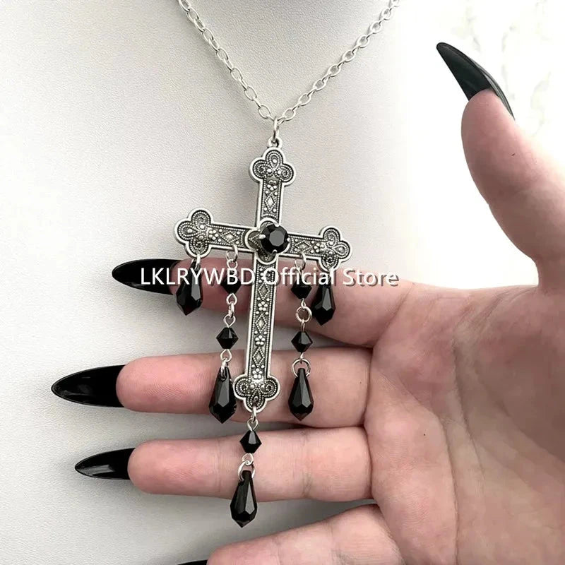 Large Cross Necklace,Goth Vampire Necklace,Gothic Cross,Gothic Silver Cross,Gothic Drop Necklace,Cross Choker,Gothic Necklace Good Vibrations