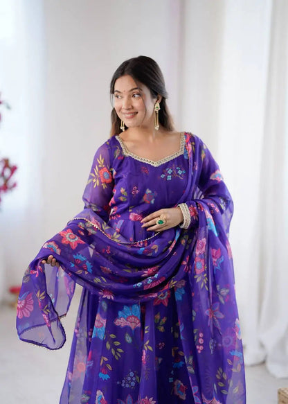Floral Print Georgette Silk Gown with Lace Touch Wedding Dresses Collection Including Dupatta Good Vibrations