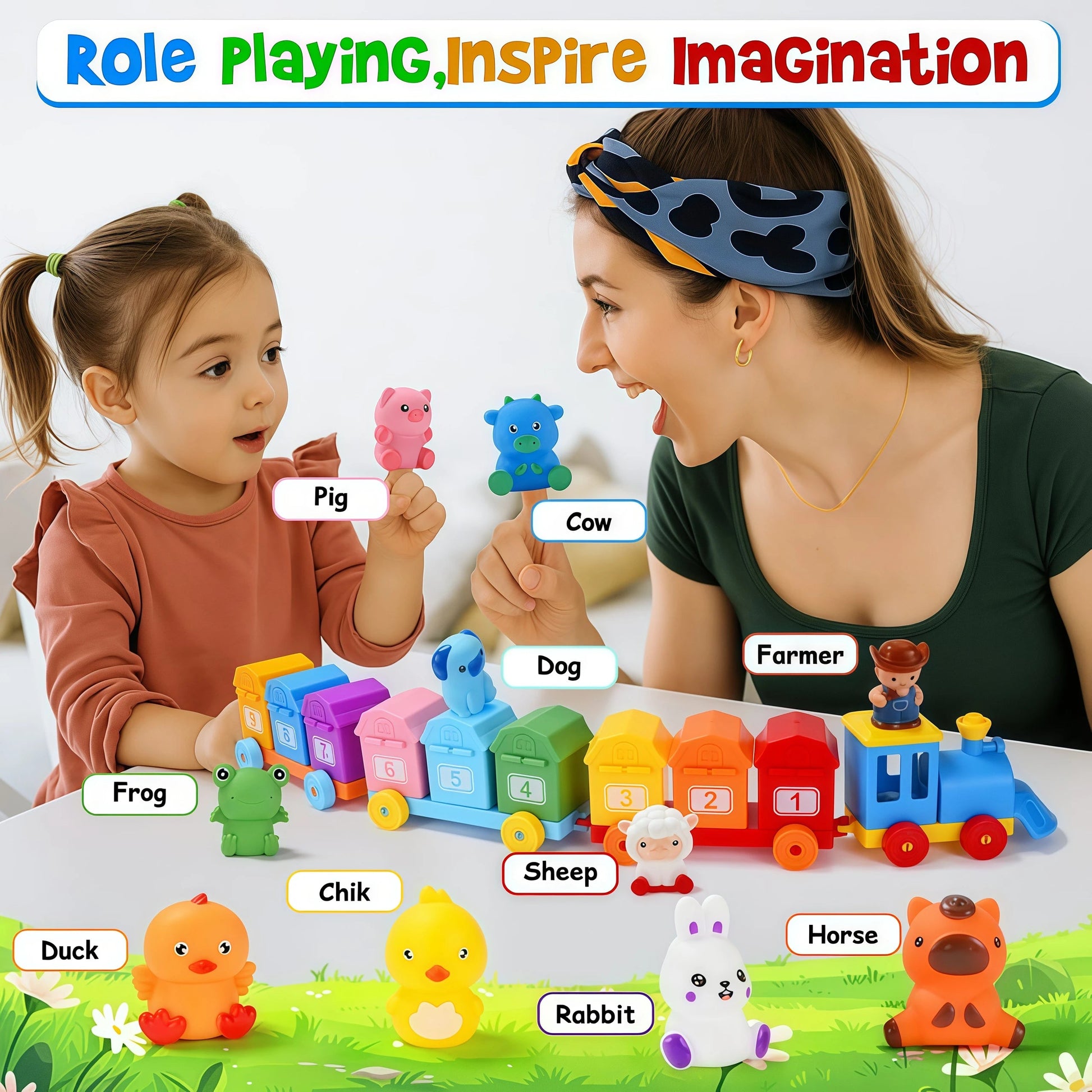 Toddler Learning Toys Farm Animals Train Set with Finger Puppets, Color Matching Toy Unlock Barns Fine Motor Game Counting Toys Good Vibrations