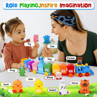 Toddler Learning Toys Farm Animals Train Set with Finger Puppets, Color Matching Toy Unlock Barns Fine Motor Game Counting Toys Good Vibrations