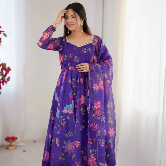 Floral Print Georgette Silk Gown with Lace Touch Wedding Dresses Collection Including Dupatta Good Vibrations