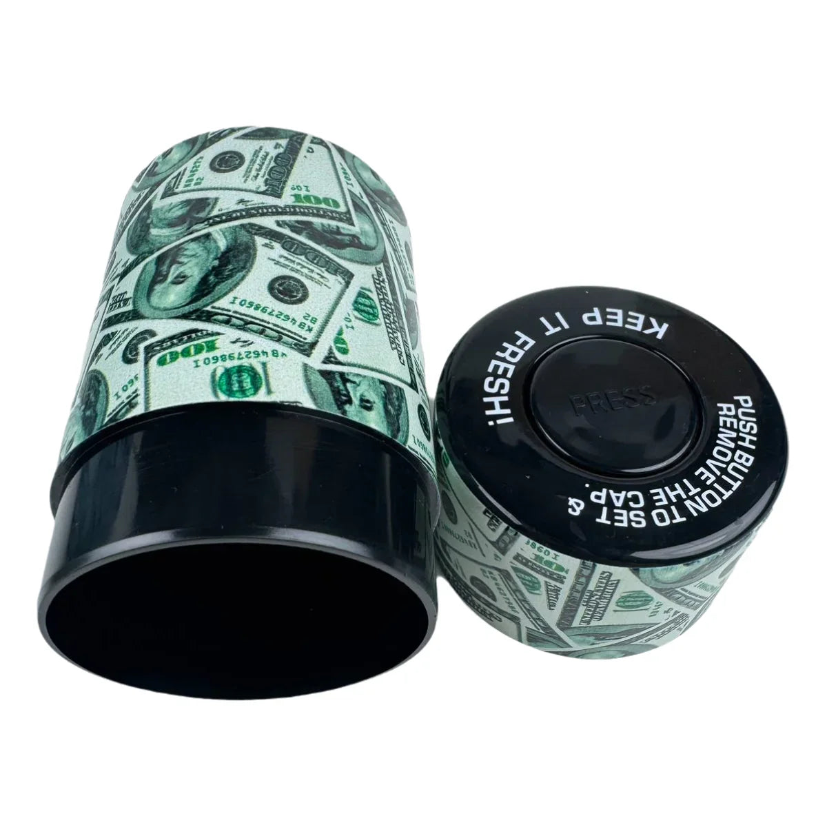 Vacuum sealed herb stash jar container with dollar bill design, airtight and smell-proof plastic storage.