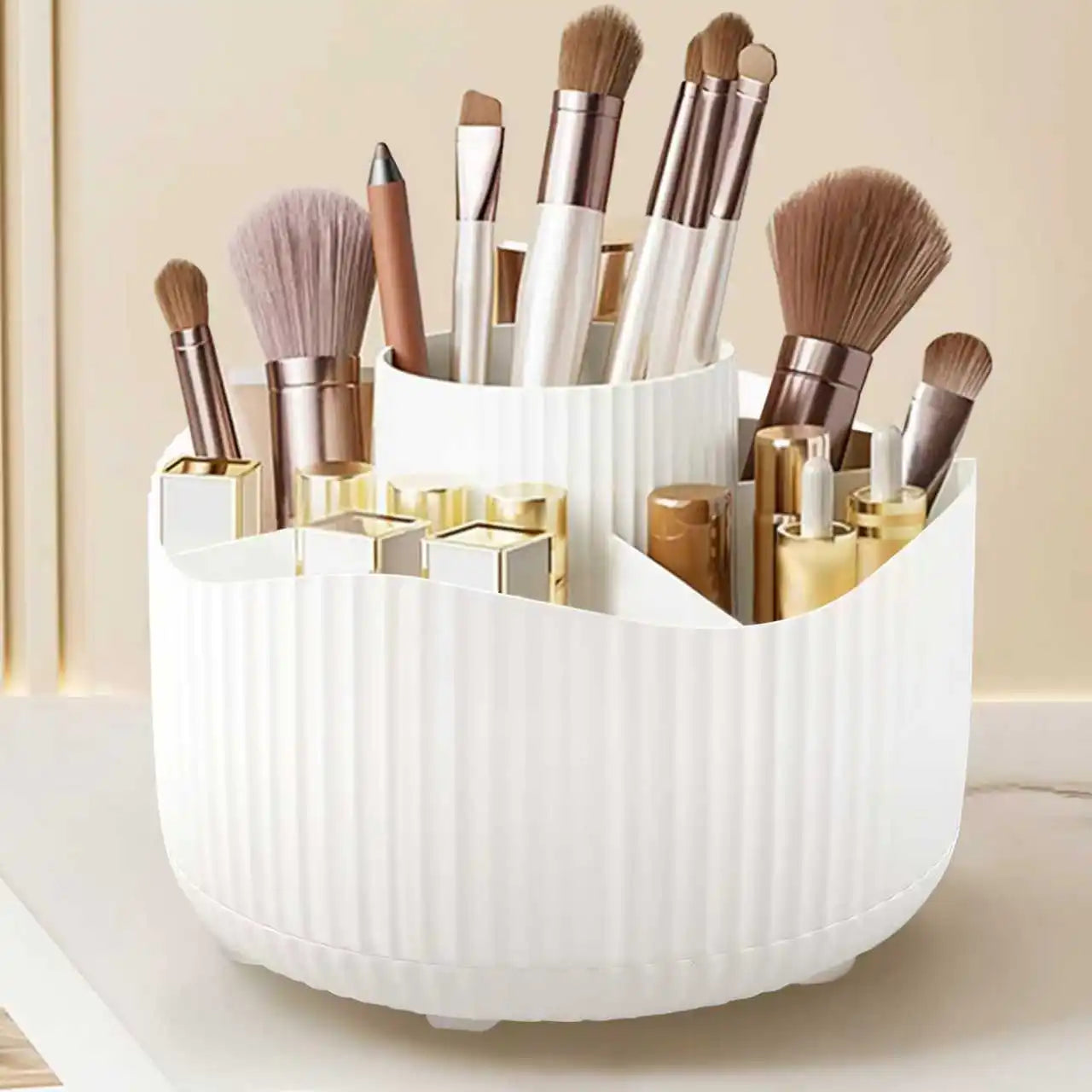360° Rotating Makeup Organizer Makeup Holder Cosmetic Storage with 5 Compartments Multi-Functional Holder for Brushes Pen Good Vibrations