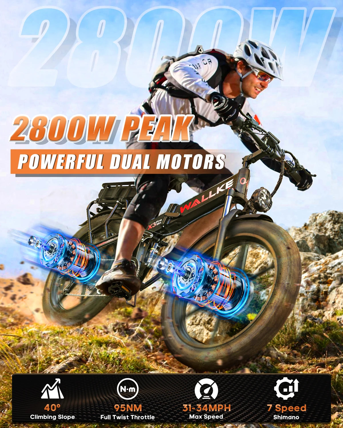 W Wallke X3 Electric Bike 2800W Peak Dual Motor 44Ah/22Ah Long Range E-Bike 26" X 4" Fat Tire 31MPH Fast Adult Ebike UL2849 Good Vibrations