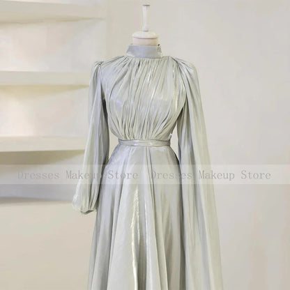 Modest Evening Dresses for Women 2025 High Collar Puffy Long Sleeves Evening Gowns Long Pleated A Line Saudi Arabian Formal Gown Good Vibrations