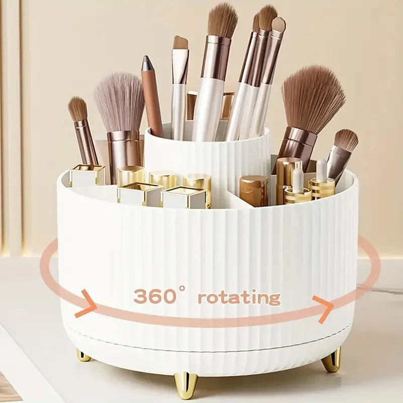 360° Rotating Makeup Organizer Makeup Holder Cosmetic Storage with 5 Compartments Multi-Functional Holder for Brushes Pen Good Vibrations