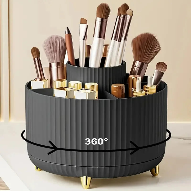 360° Rotating Makeup Organizer Makeup Holder Cosmetic Storage with 5 Compartments Multi-Functional Holder for Brushes Pen Good Vibrations
