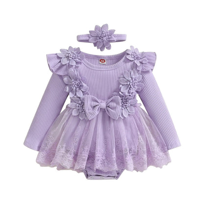 3D Flower Summer Baby Girls Romper Princess Mesh Newborn Clothes Lace Patchwork Ruffle Bodysuit Dress Headband Kids Clothing Good Vibrations
