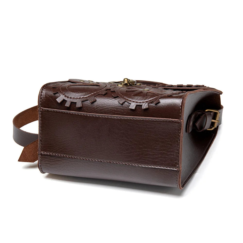 Vintage Single Shoulder Hip Hop Rock Shoulder Bag Luxury Design Brown PU Leather Men Women Steampunk Gothic Square Handbag Good Vibrations