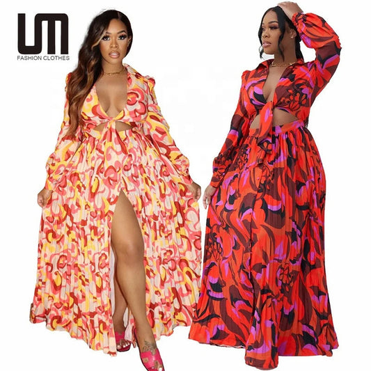 Liu Ming Elegant 2024 Summer Women Outfits Sexy V Neck Printed Long Sleeves Top Vacation Slit Skirt Suit Good Vibrations