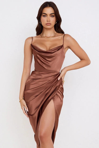 Enyami Summer Streetwear Elegant Club Satin Prom Women Midi Sundress High Slit Ruched Elegant Bodycon Sexy Party Slip Dress Good Vibrations
