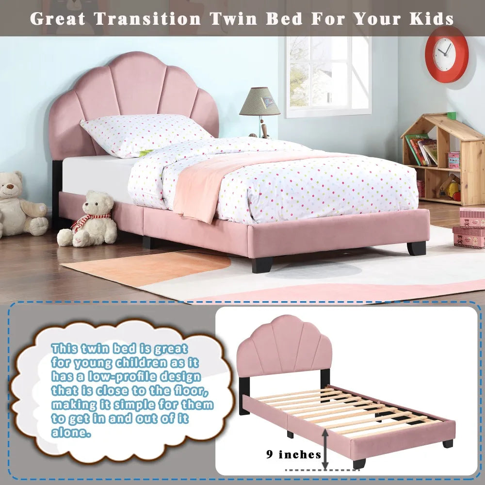 Upholstered Twin Size Platform Bed for Kids, Wooden Bed Frame with Slatted Bed Base, Cute Bed Frame with Shell Design Headboard Good Vibrations