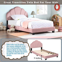 Upholstered Twin Size Platform Bed for Kids, Wooden Bed Frame with Slatted Bed Base, Cute Bed Frame with Shell Design Headboard Good Vibrations