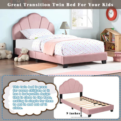 Upholstered Twin Size Platform Bed for Kids, Wooden Bed Frame with Slatted Bed Base, Cute Bed Frame with Shell Design Headboard Good Vibrations