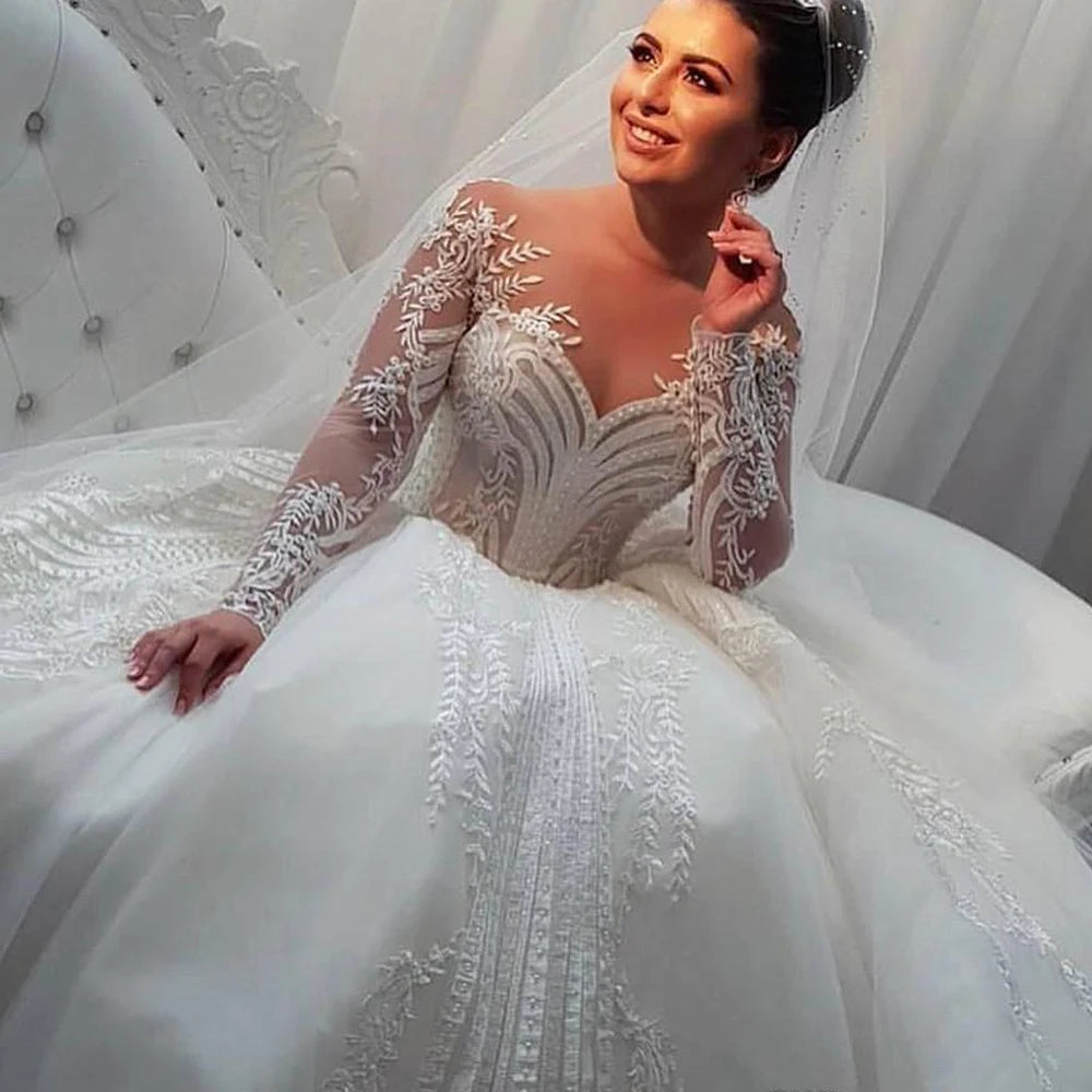 Elegant Vestidos De Noiva Plus Size Wedding Dress Customized Long Sleeve Svatební šaty Ball Gown Lace Cвадебное платье Good Vibrations