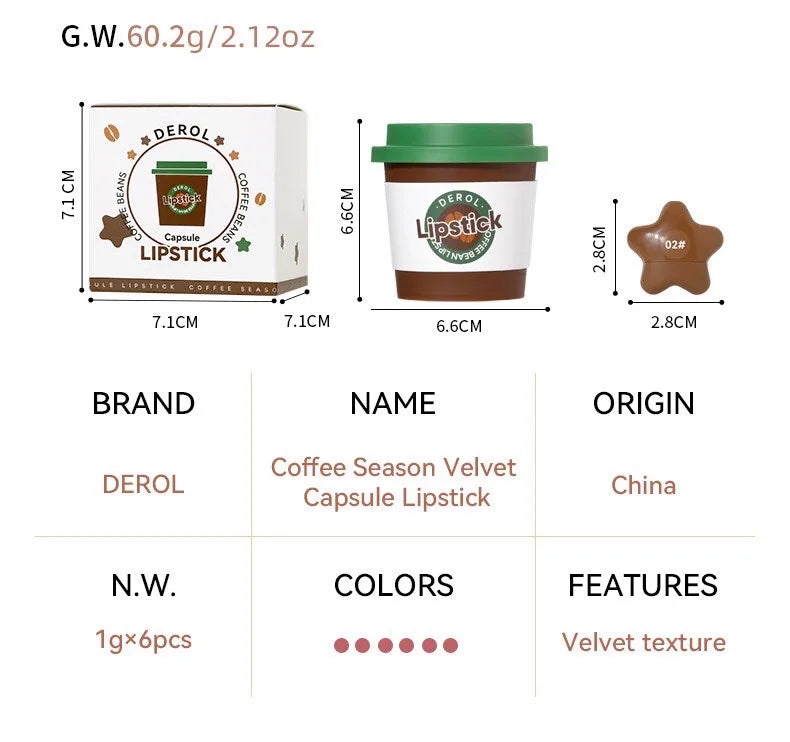 Derol Coffee Cup Capsule Lipstick Kit 6 Colors/cup Mini Star Lipstick Velvet Matte Candy Lip Stick Set Good Vibrations