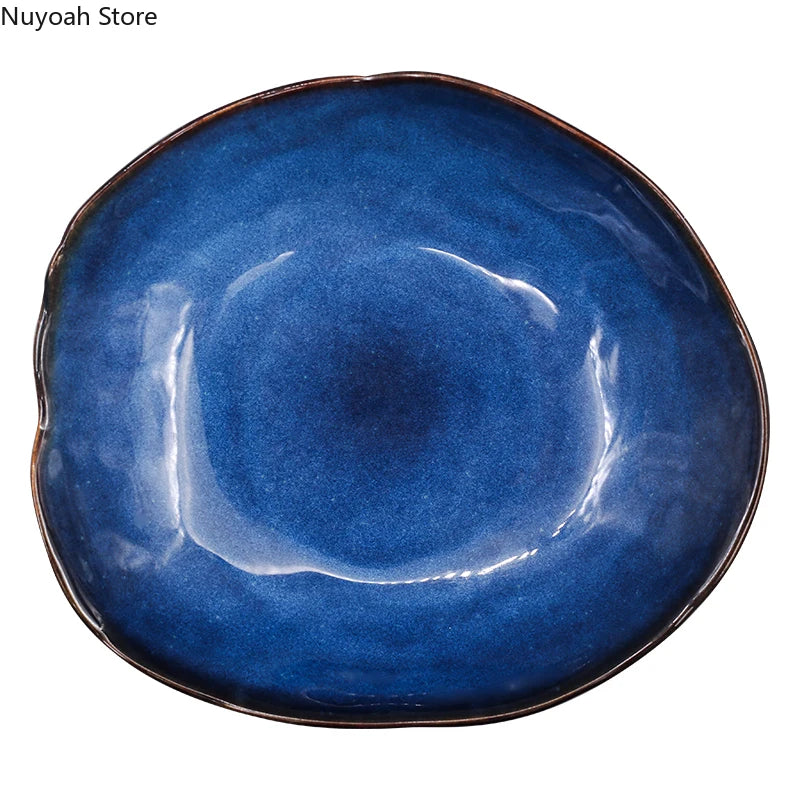 Household Ceramic Dinner Plate European Style Blue Glaze Salad Bowl Irregular Tableware Western Dinner Plate/kitchen Supplies Good Vibrations