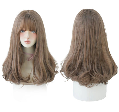 7JHHWIGS Long Wavy Synthetic Black Wigs For Women With Fringe Fashion Heat Resistant Mid-Length Daily Straight Light Brown Hair Good Vibrations
