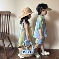 Children's Summer Set Boys Cotton 2024 New Baby Summer Dress Western Style Girls Dress Sister and Brother Good Vibrations