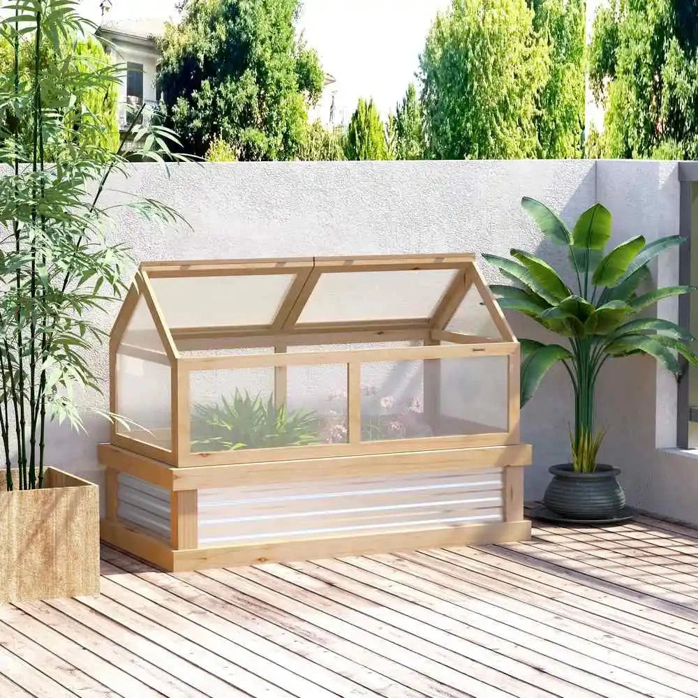 Raised Garden Bed with Polycarbonate Greenhouse, Wooden Garden Cold Frame Greenhouse,  48" X 24" X 32", Natural Good Vibrations