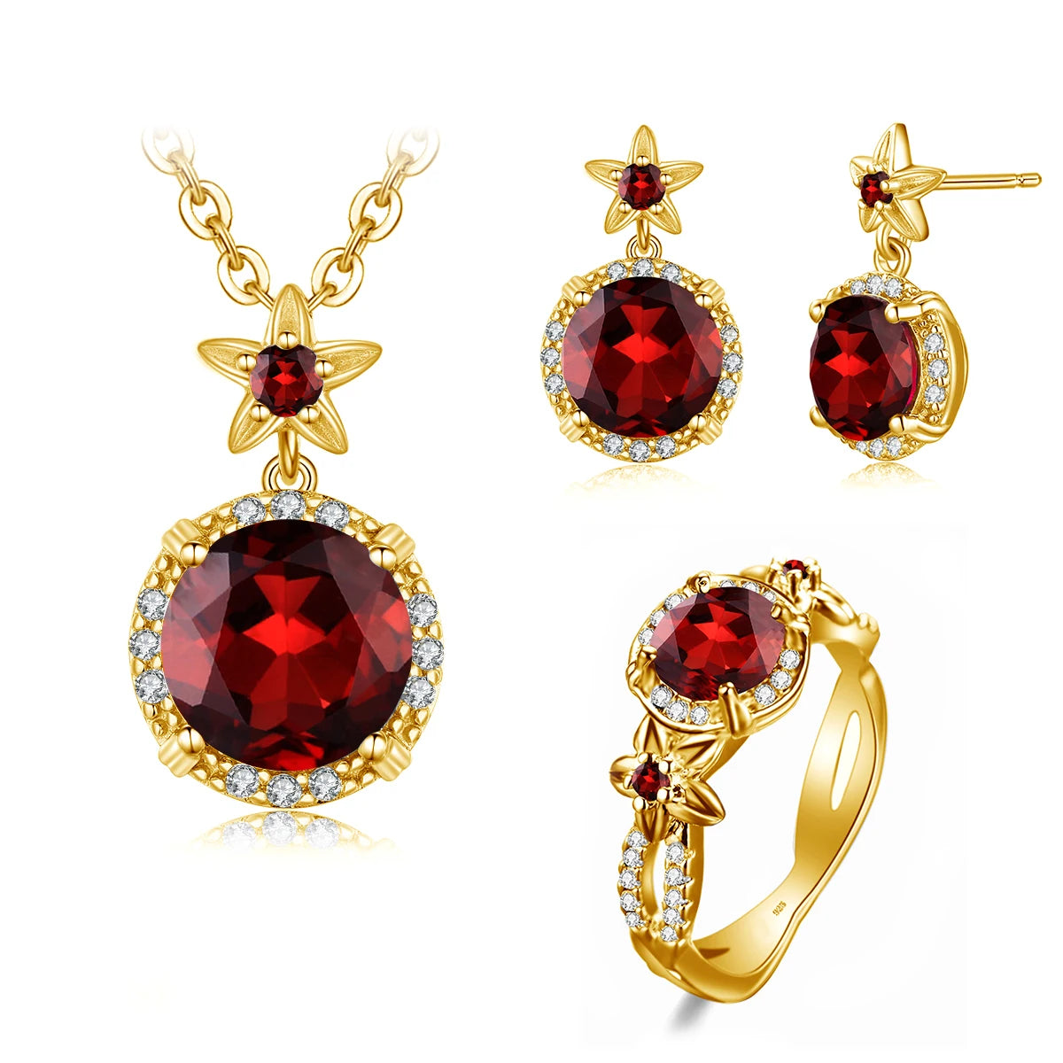 Szjinao Boho Flower Engrave Ring Earrings Pendant Garnet Diamond Silver 925 Gold Plated Dubai Jewelry Sets Jewellery Good Vibrations