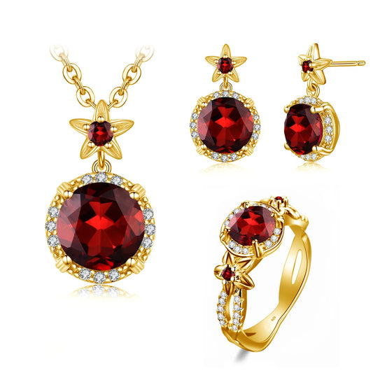 Szjinao Boho Flower Engrave Ring Earrings Pendant Garnet Diamond Silver 925 Gold Plated Dubai Jewelry Sets Jewellery Good Vibrations
