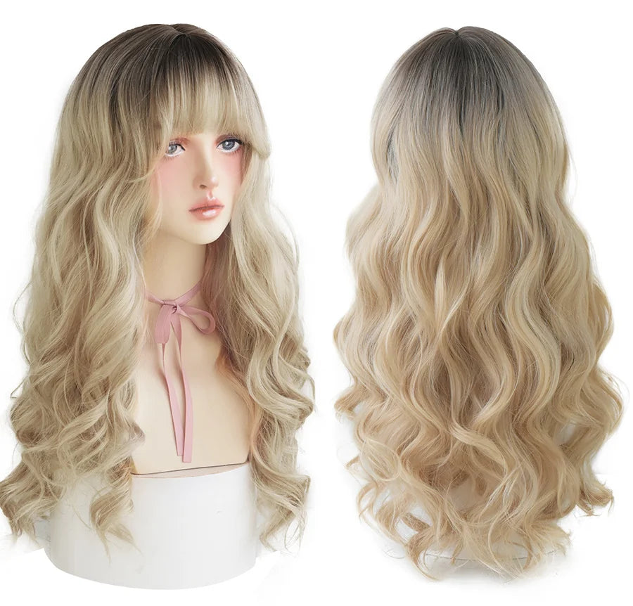 7JHHWIGS Long Wavy Synthetic Black Wigs For Women With Fringe Fashion Heat Resistant Mid-Length Daily Straight Light Brown Hair Good Vibrations