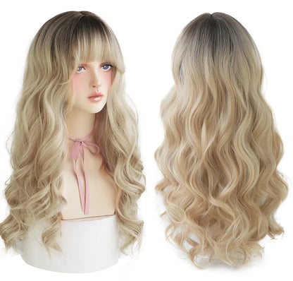 7JHHWIGS Long Wavy Synthetic Black Wigs For Women With Fringe Fashion Heat Resistant Mid-Length Daily Straight Light Brown Hair Good Vibrations
