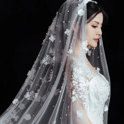 Feishiluo Luxury One-Layer 350 cm Long Cathedral Full Flower Lace Wedding Veil Comb Bead Diamond Bridal Veil Good Vibrations