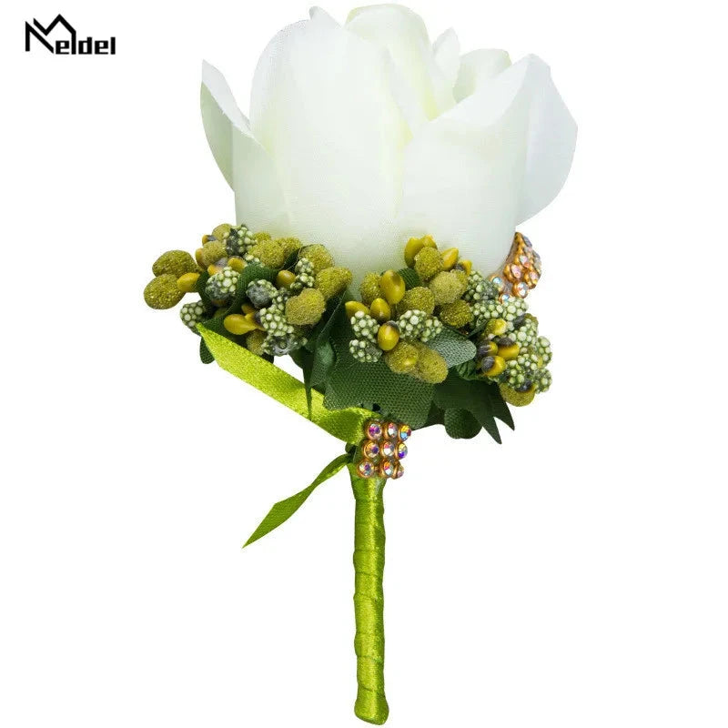 Meldel Wedding Corsages and Boutonnieres Artificial Roses Silk Groom Boutonniere Flower Groomsman Buttonhole Mariage Accessories Good Vibrations
