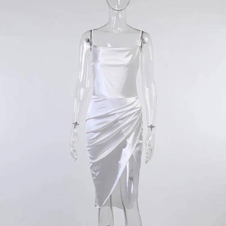 Enyami Summer Streetwear Elegant Club Satin Prom Women Midi Sundress High Slit Ruched Elegant Bodycon Sexy Party Slip Dress Good Vibrations