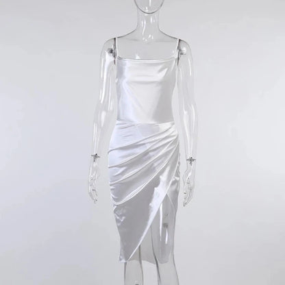 Enyami Summer Streetwear Elegant Club Satin Prom Women Midi Sundress High Slit Ruched Elegant Bodycon Sexy Party Slip Dress Good Vibrations