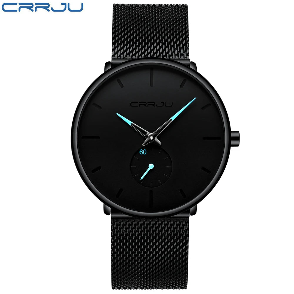 CRRJU New Watches Mens 2019 Man Fashion Simple Stainless Steel Blue Thin Watch For Men Luxury Casual Waterproof Quartz Clock Good Vibrations