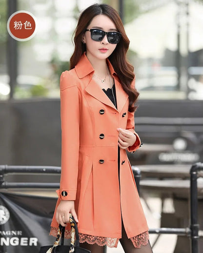 Fashion Double Breasted Windbreaker Spring Autumn Coats Women's Trench Coat Mid-Long Lace Stitching Casual Outerwear Female Good Vibrations