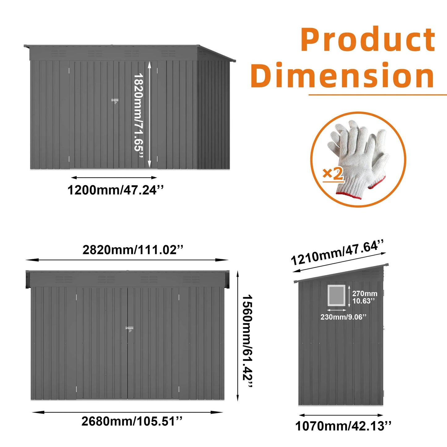 9X4FTfree Shipping in Stock  Gray Metal Garden Shed for Tools Sloping Roof 6 Vents 2 Swing Doors Steel Frame for Backyard Patio Good Vibrations