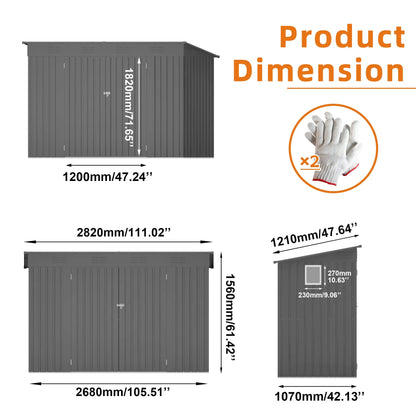 9X4FTfree Shipping in Stock  Gray Metal Garden Shed for Tools Sloping Roof 6 Vents 2 Swing Doors Steel Frame for Backyard Patio Good Vibrations