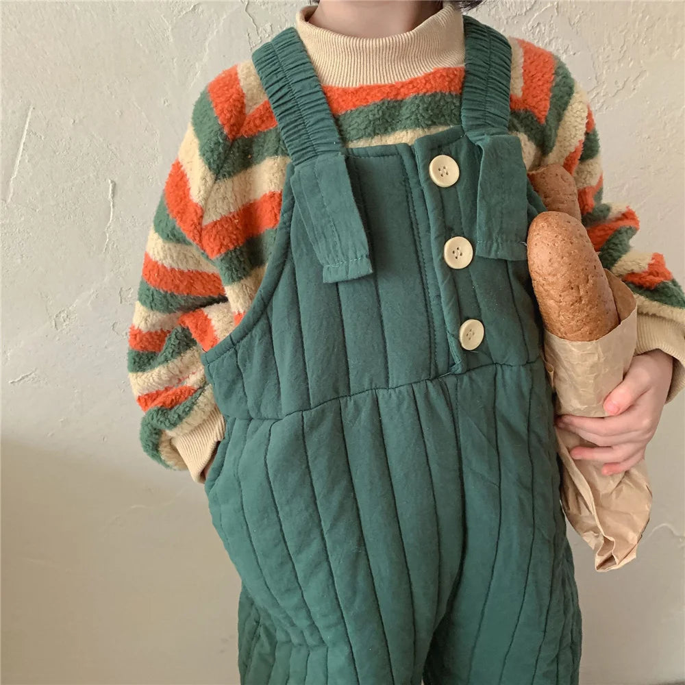 2021 Autumn Winter unisex solid color quilted overalls Korean style boys and girls warm thick casual suspender trousers 2-6Y Good Vibrations