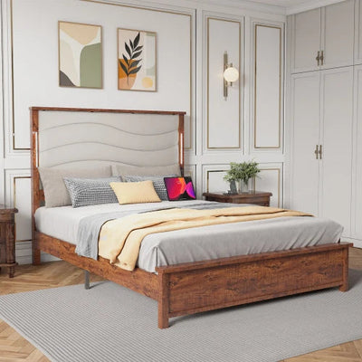 King Size Bed Frame with Upholstered Headboard, King Bed Frame with Charging Station and LED Lights, Wood Slats