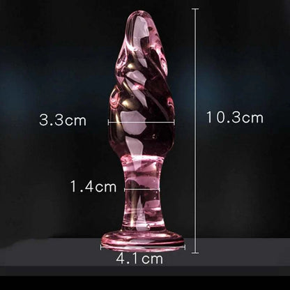 Candiway pink crystal glass anal plug, smooth surface with dimensions, adult erotic toy.