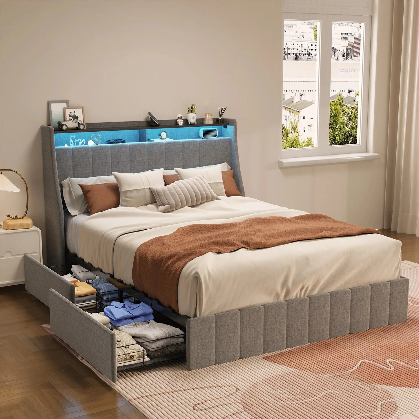 Queen Size Bed Frame With LED 4 Under-bed Portable Storage Drawers Wings Headboard Design - Light Grey Good Vibrations